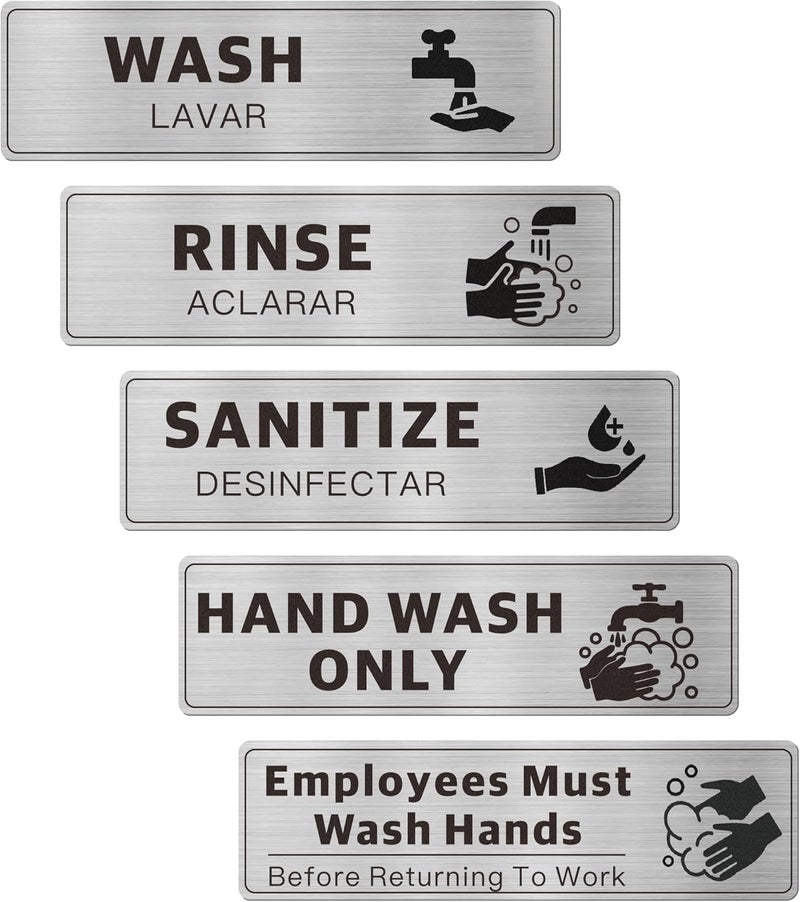 EliteSign 5PK Wash Rinse Sanitize Sink Labels, Hand Wash Only & Employees Must Wash Hands Signs, Bilingual Brushed Aluminum, Waterproof Peel and Stick for Commercial Kitchens Food Trucks, 7x2 Frame Styles - Image 1